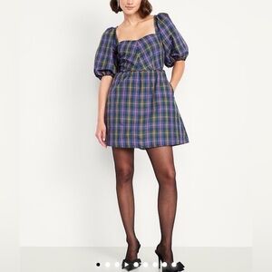 Old Navy Puff-Sleeve Plaid Fit & Flare Taffeta Mini Dress Medium Tall